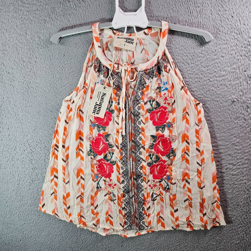 NEW Savanna Jane Tank Top Women Small Embroidered Rose Floral Multicolor
